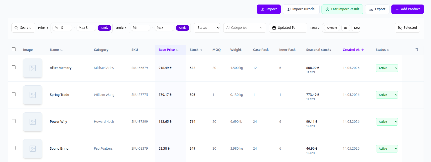 Seller dashboard for wholesale catalog management in B2B ecommerce platform