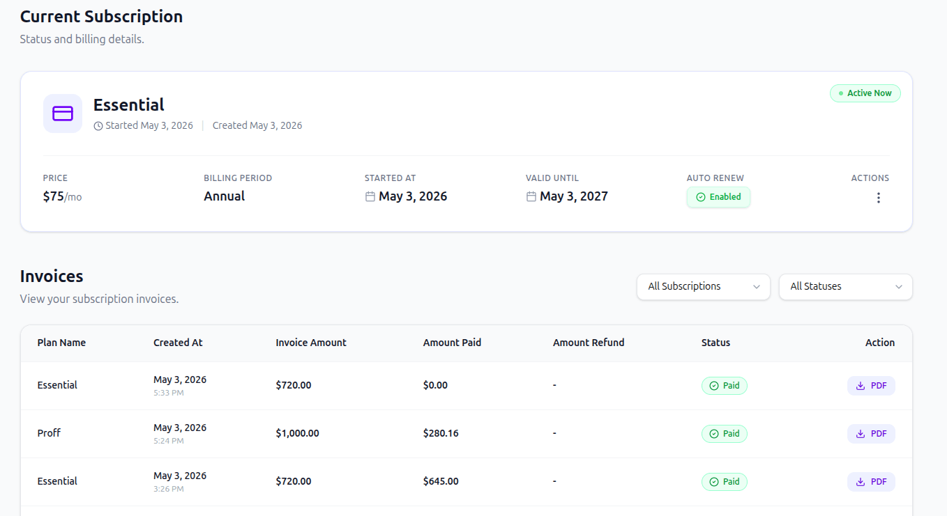 Seller subscription plans and billing history for Sply24