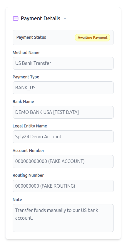 Bank transfer details form in Sply24 payment settings