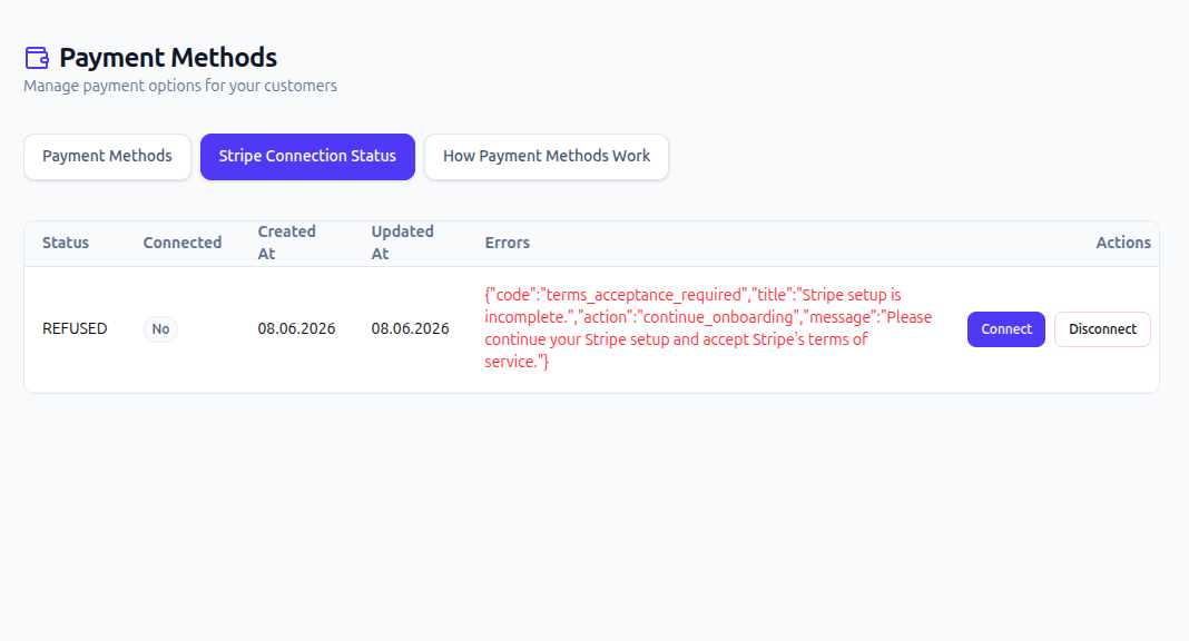 Stripe connection errors displayed in the Sply24 seller dashboard