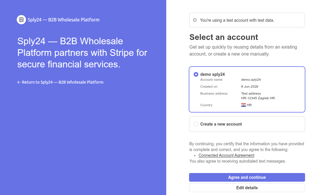 Stripe-hosted account connection page opened from Sply24
