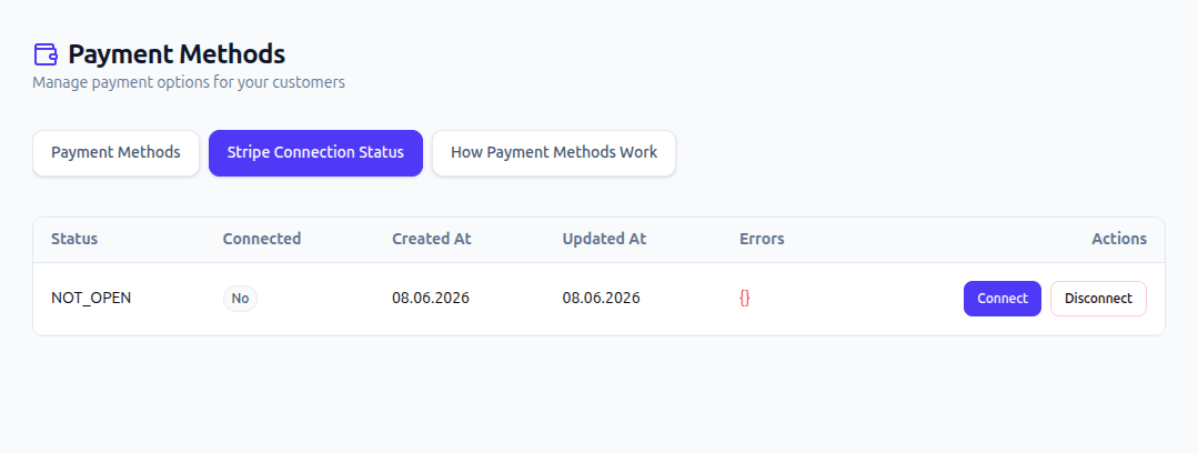 Stripe Connection Status tab before connecting an account in Sply24