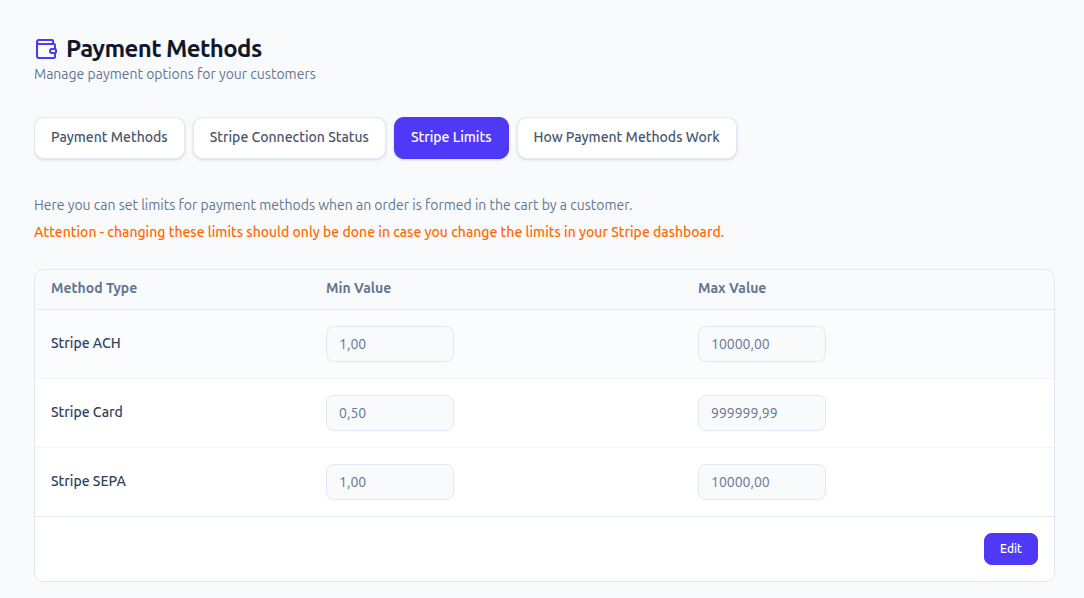 Stripe payment limits settings for ACH, SEPA, and card payments in Sply24