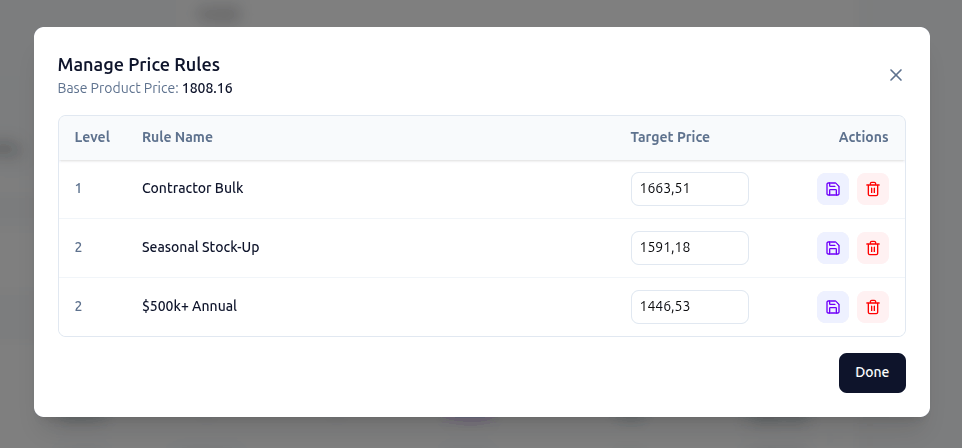 Apply or remove a pricing rule from a product in the SPly24 product details page