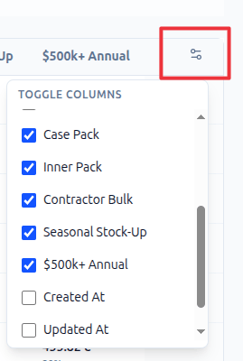 SPly24 product table column settings for showing or hiding pricing rule columns