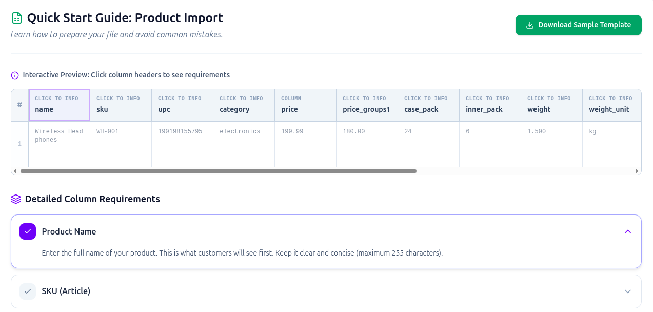 Product attribute guide for CSV catalog import on Sply24