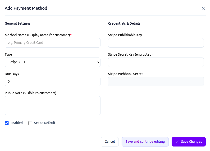 B2B wholesale platform payment method configuration form for global orders