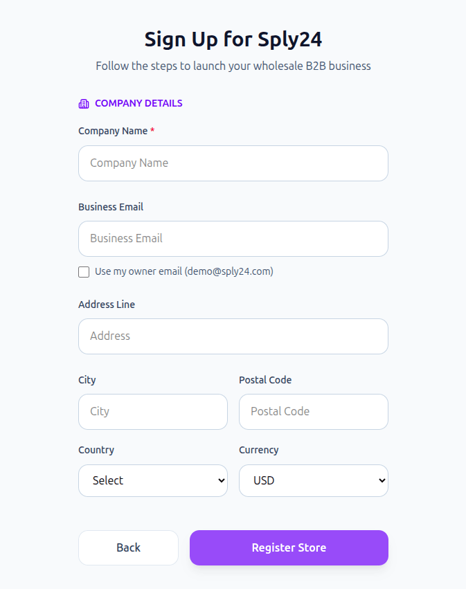 SPly24 billing details form for company registration