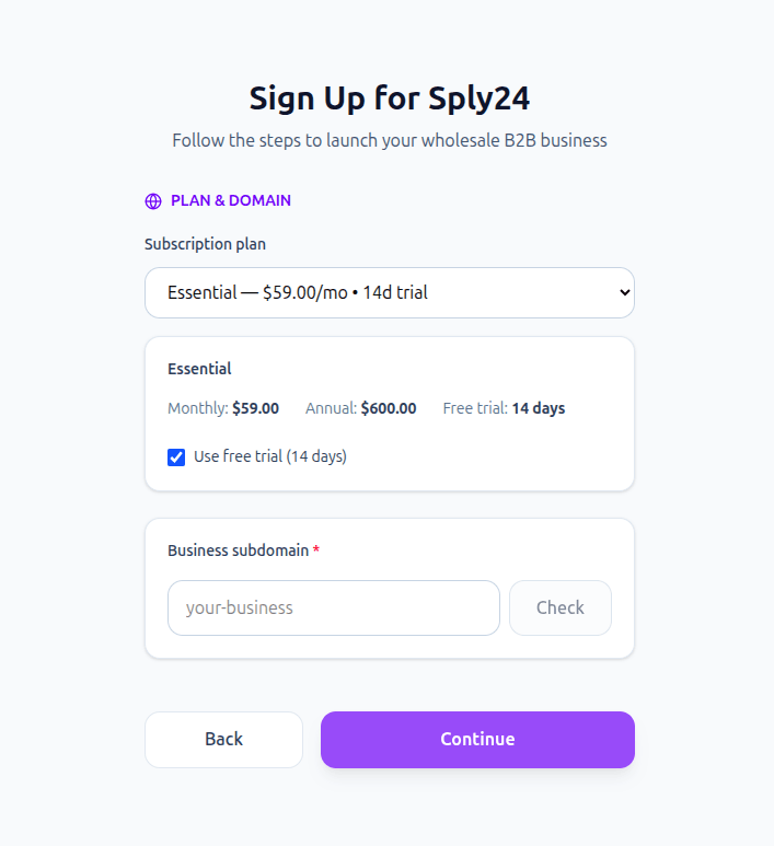 SPly24 subscription plan selection during company registration