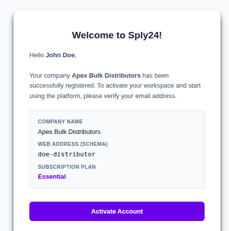 SPly24 account activation email with registration link